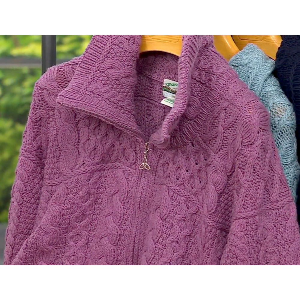 NEW ARAN CRAFTS PLUM MERINO WOOL ZIP FRONT CABLE KNIT CARDIGAN SWEATER COAT XXL - Picture 5 of 16